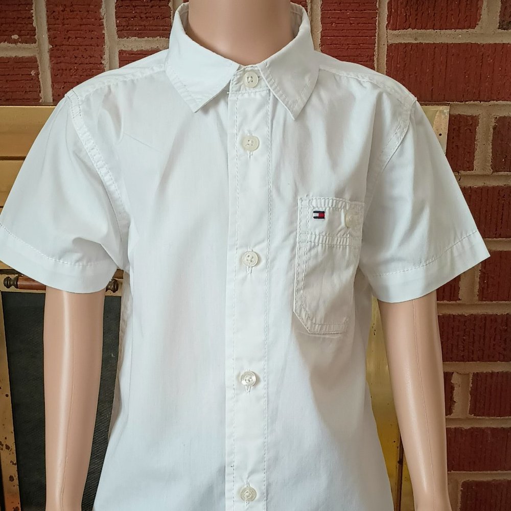Tommy Hilfiger Boy White Shirt 6 Short Sleeve Button Down Distressed Flag Back